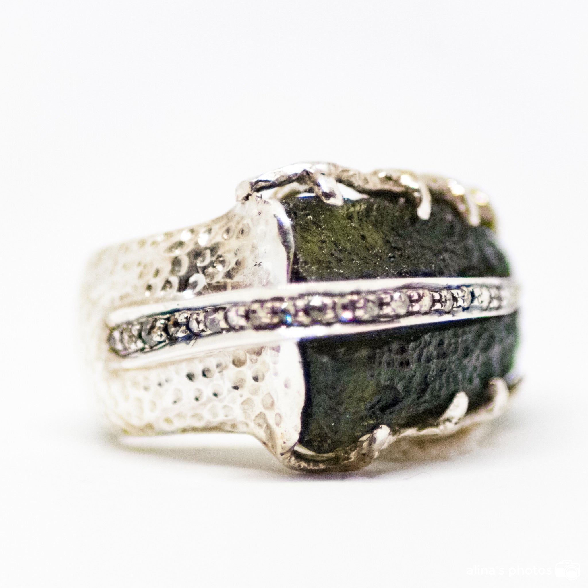 Moldavite With Diamond Sterling Silver