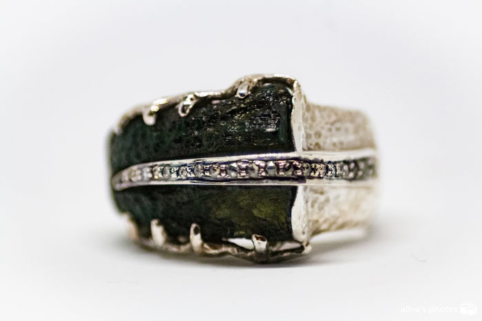 Moldavite With Diamond Sterling Silver