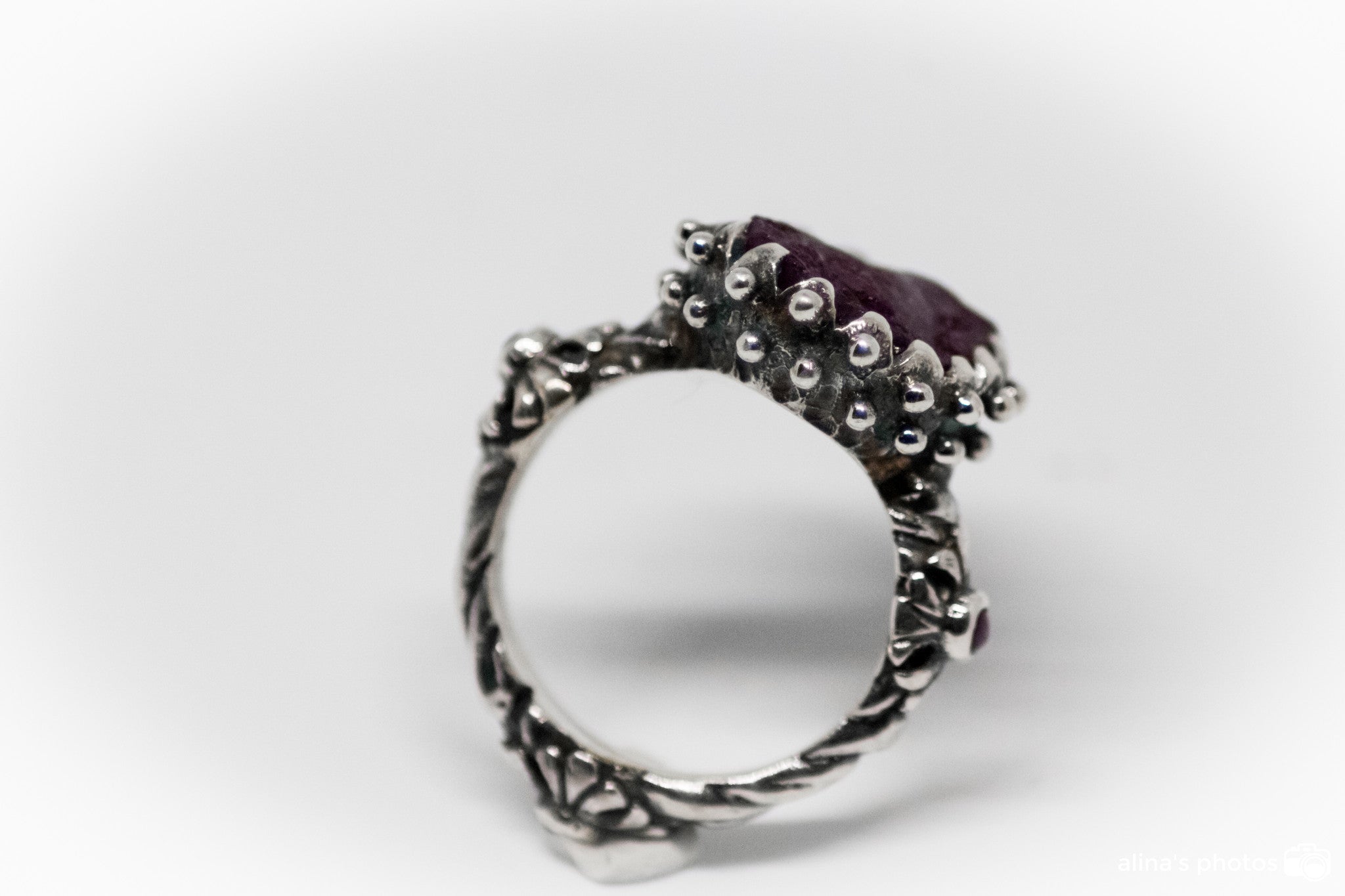 Rubizosite Handcarved Ring With Two Round Cabuchon Rubies On The Shank