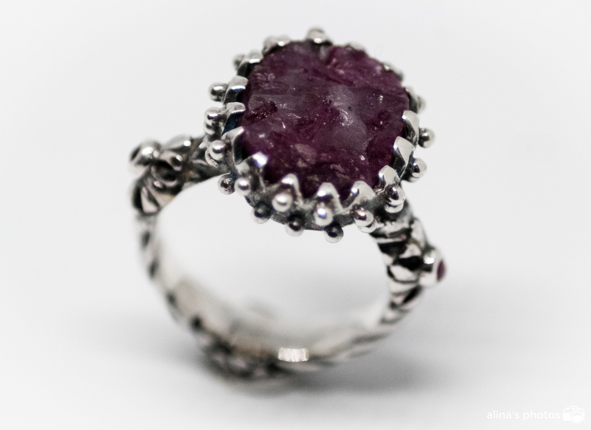 Rubizosite Handcarved Ring With Two Round Cabuchon Rubies On The Shank