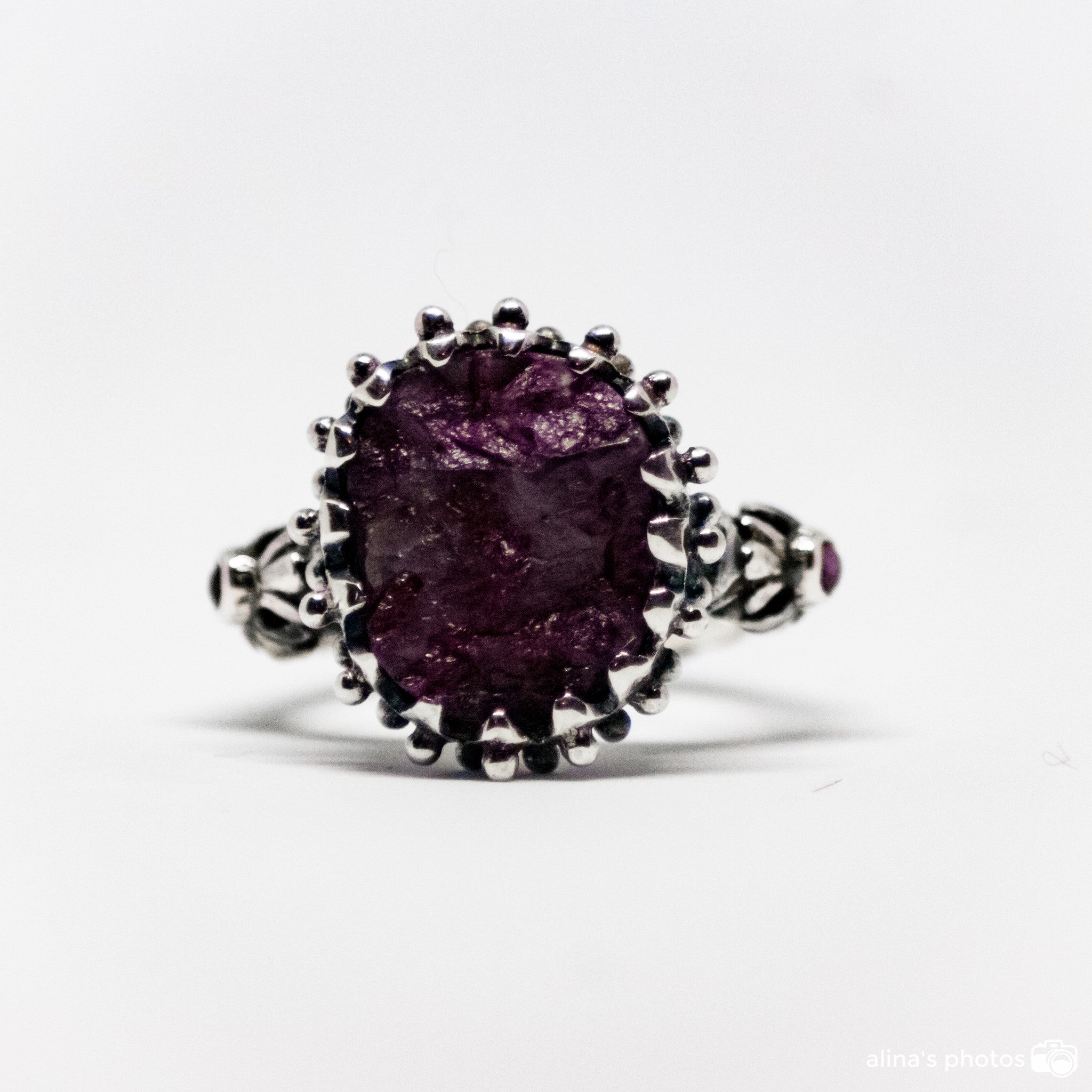 Rubizosite Handcarved Ring With Two Round Cabuchon Rubies On The Shank