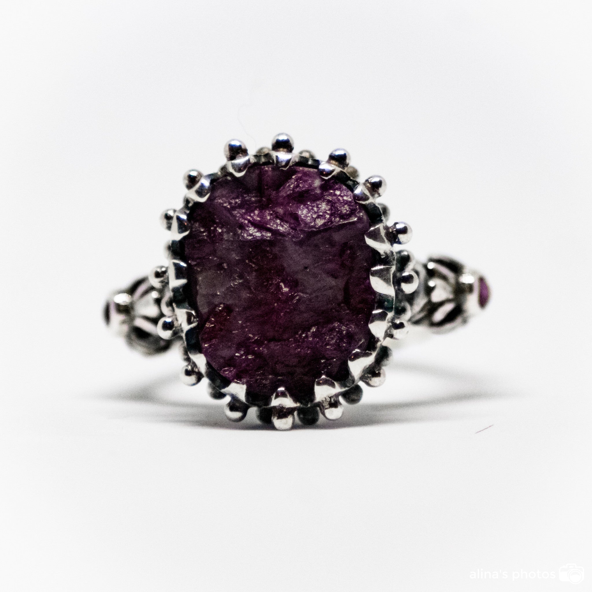 Rubizosite Handcarved Ring With Two Round Cabuchon Rubies On The Shank