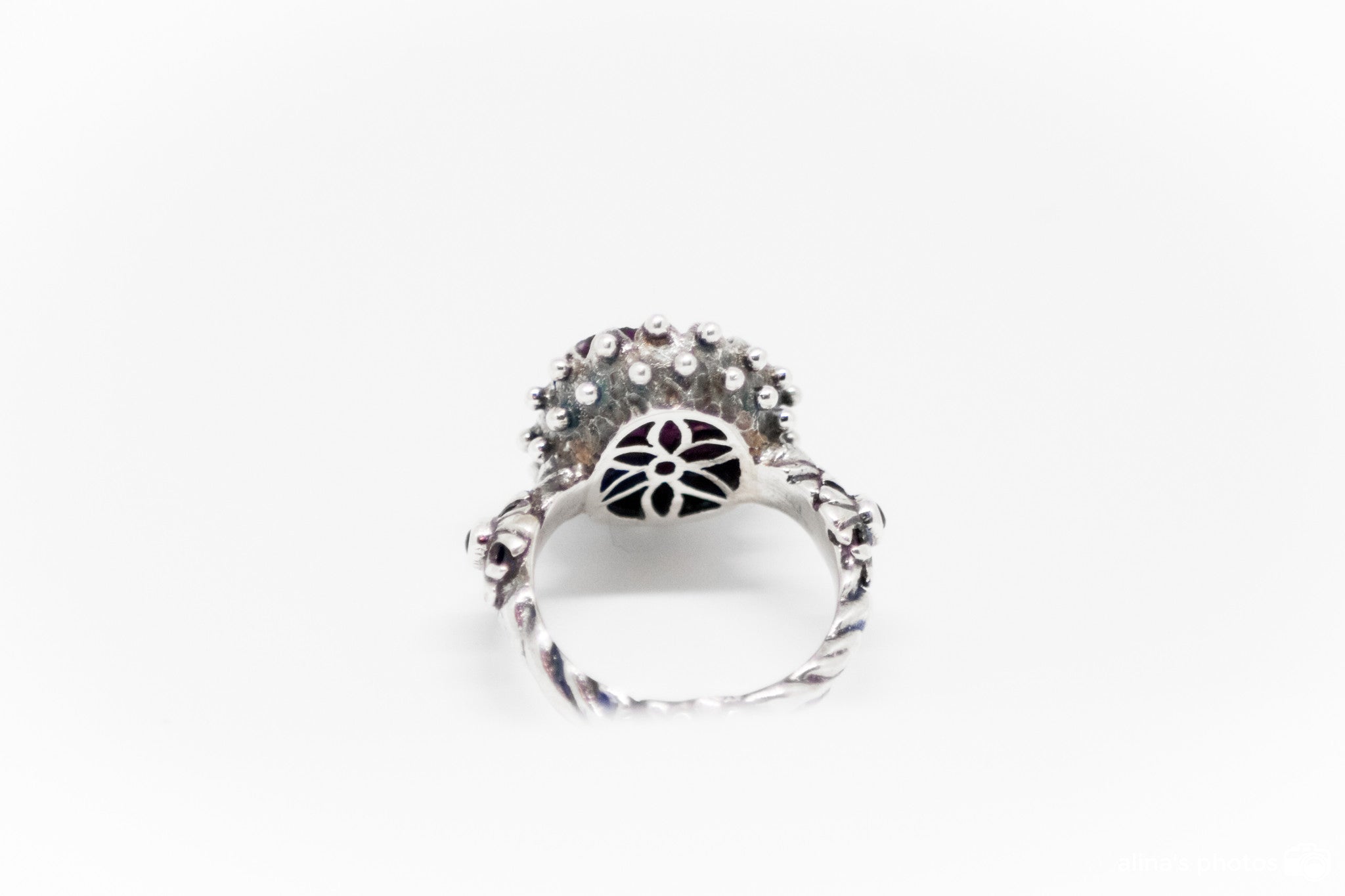 Rubizosite Handcarved Ring With Two Round Cabuchon Rubies On The Shank