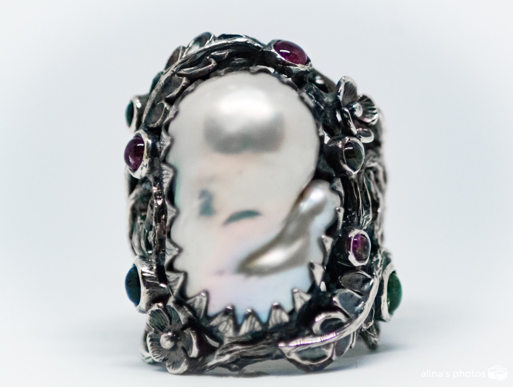 Hand Carved Sterling Silver Ring With Mother Of Pearl And Tourmalines