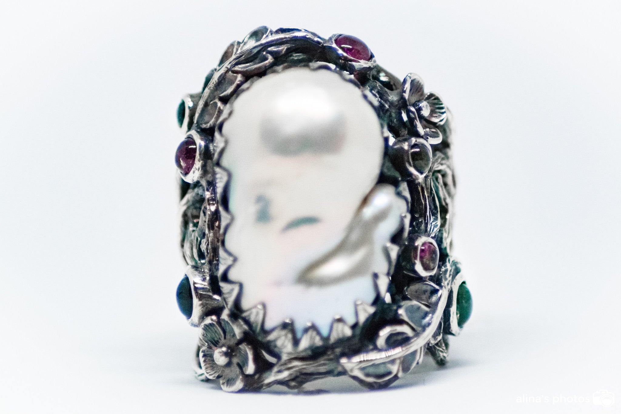 Hand Carved Sterling Silver Ring With Mother Of Pearl And Tourmalines