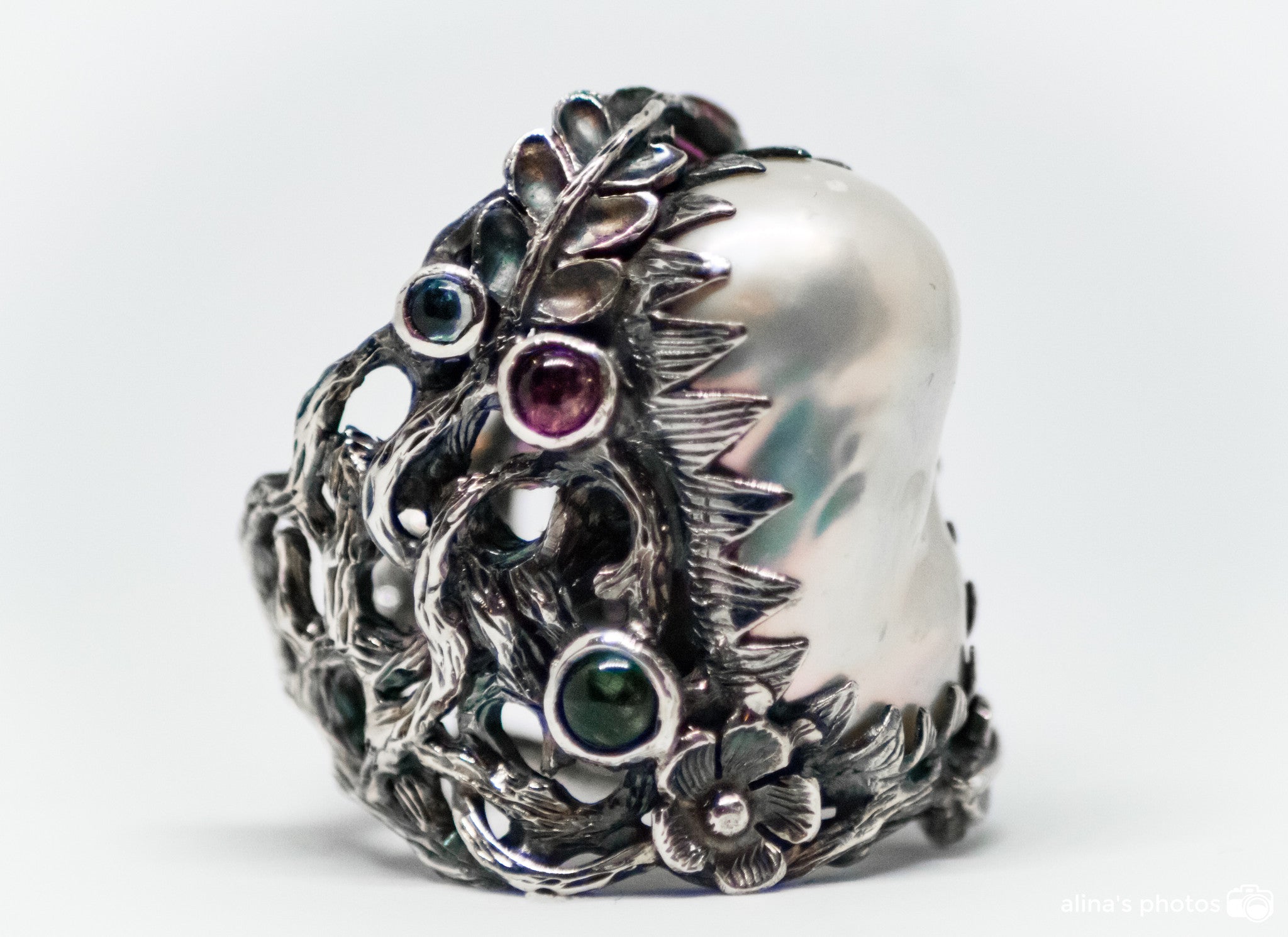 Hand Carved Sterling Silver Ring With Mother Of Pearl And Tourmalines