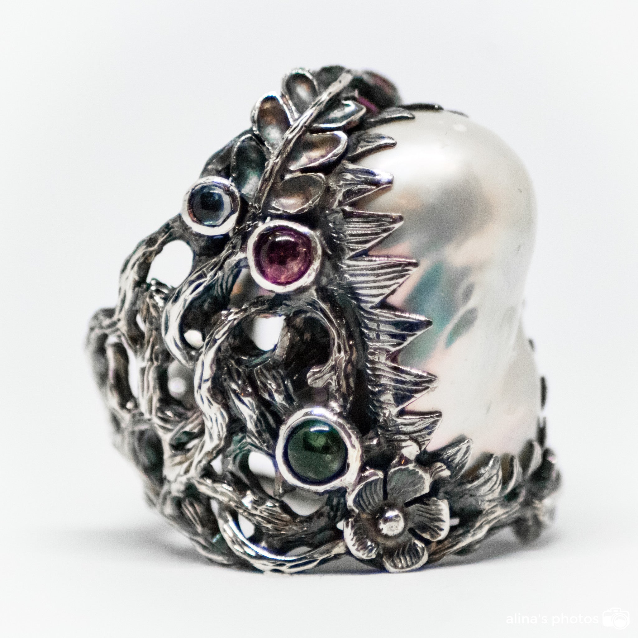 Hand Carved Sterling Silver Ring With Mother Of Pearl And Tourmalines