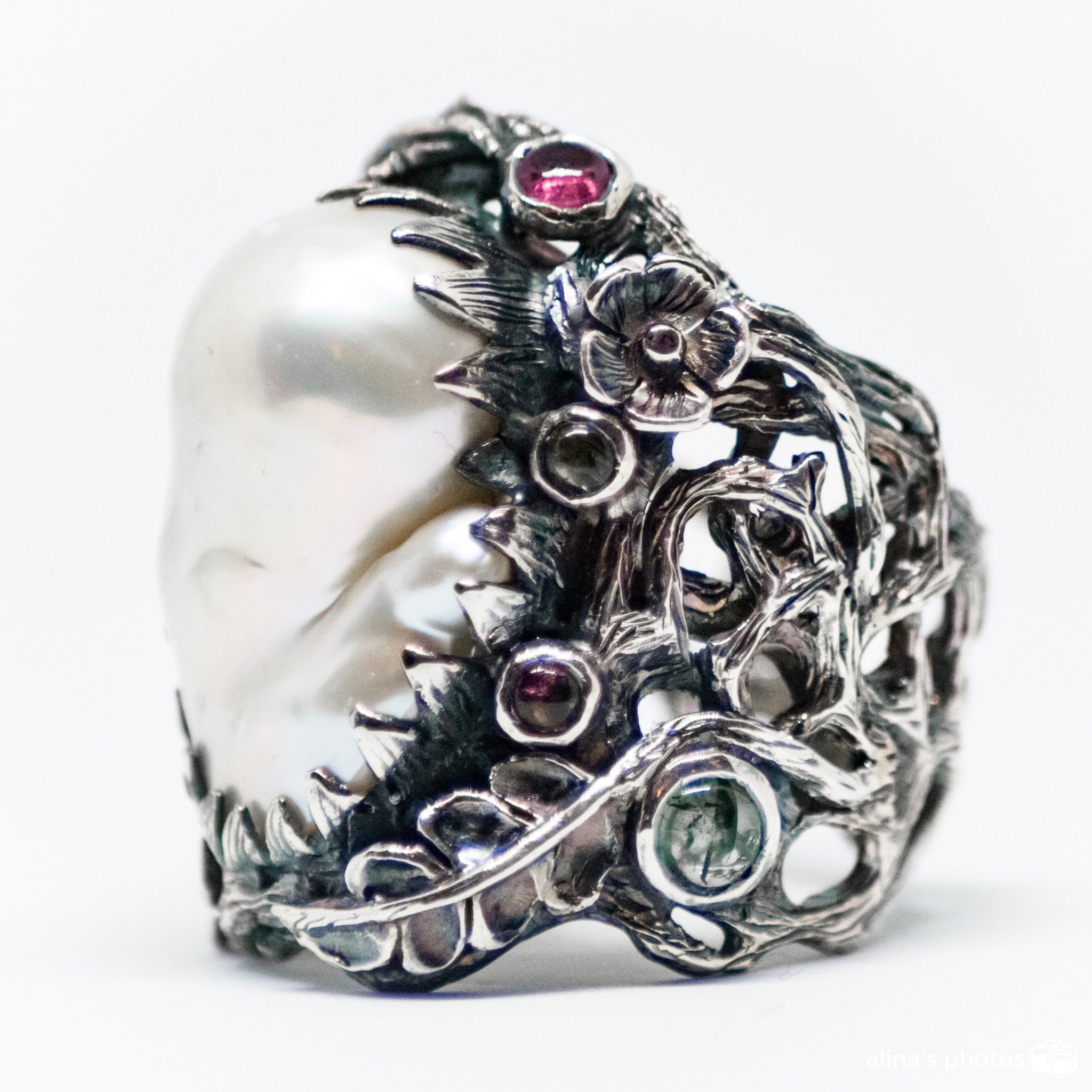 Hand Carved Sterling Silver Ring With Mother Of Pearl And Tourmalines