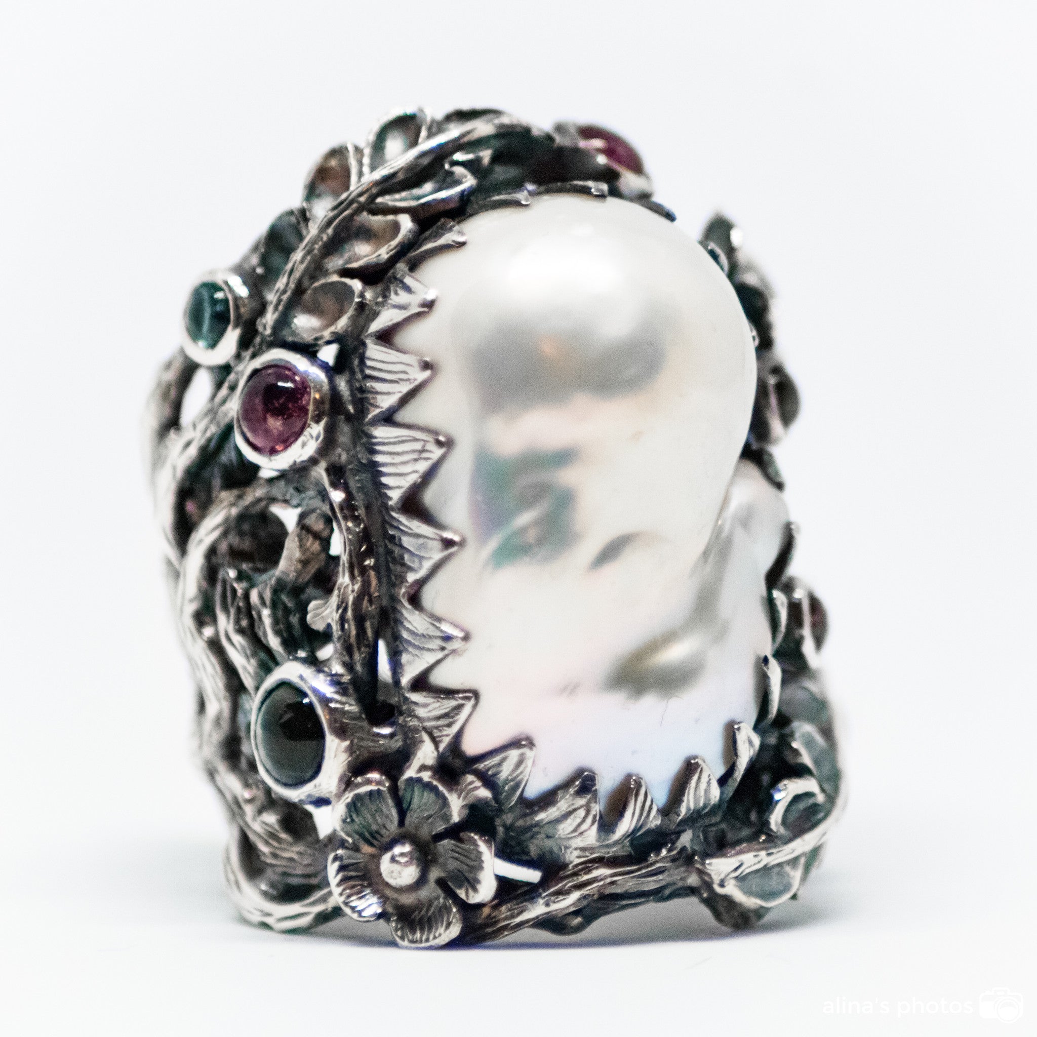 Hand Carved Sterling Silver Ring With Mother Of Pearl And Tourmalines