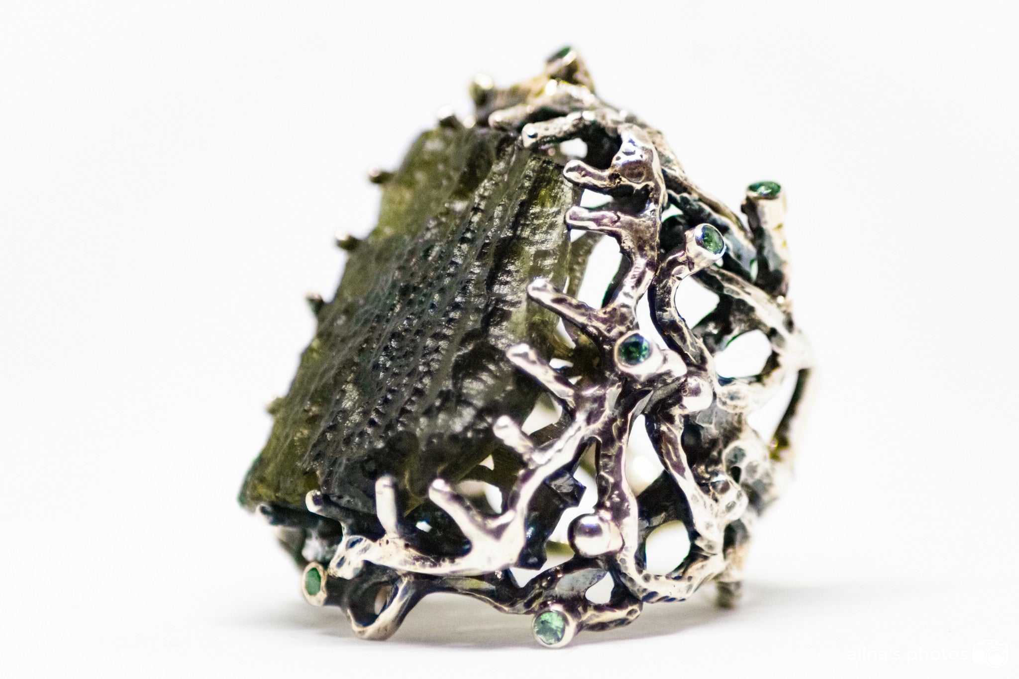 Handm Carved Moldavite Ring