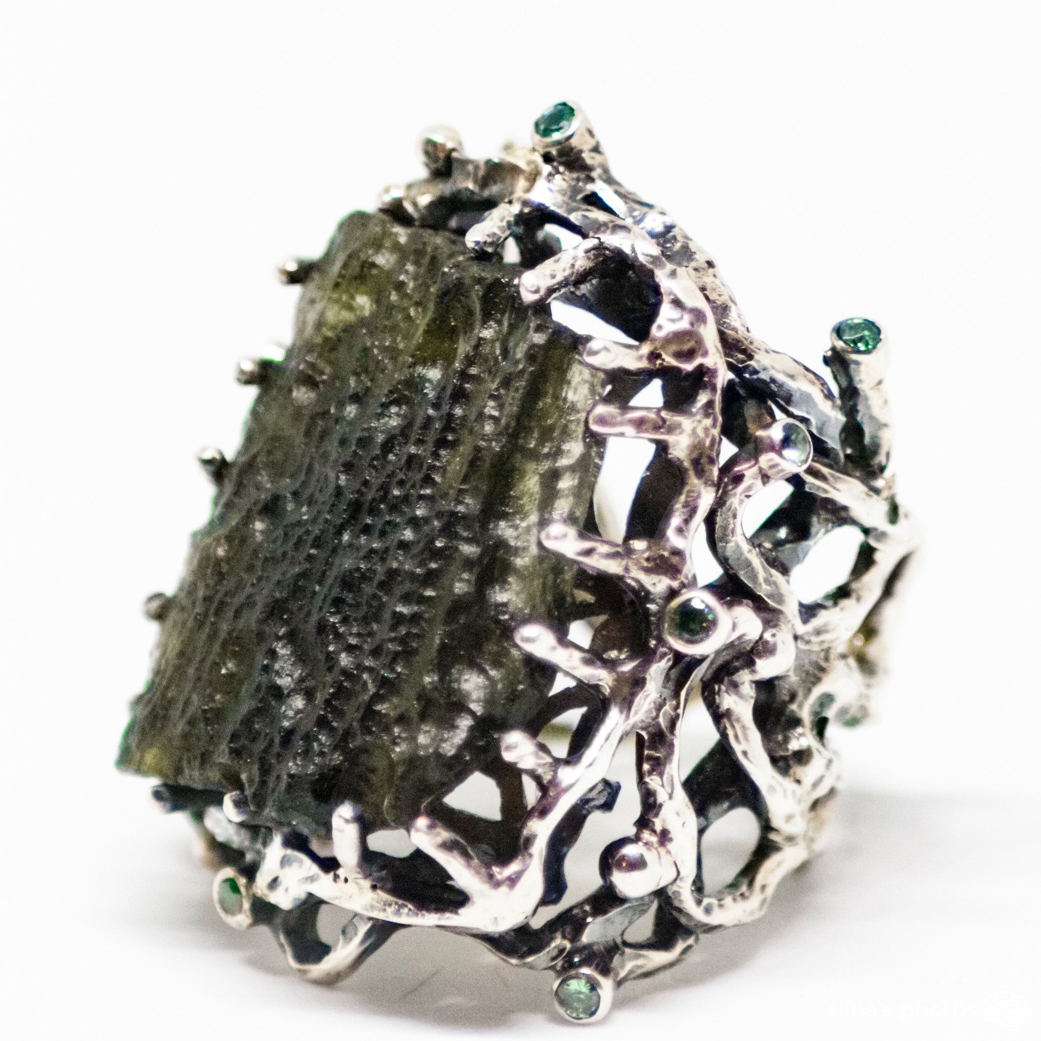 Handm Carved Moldavite Ring