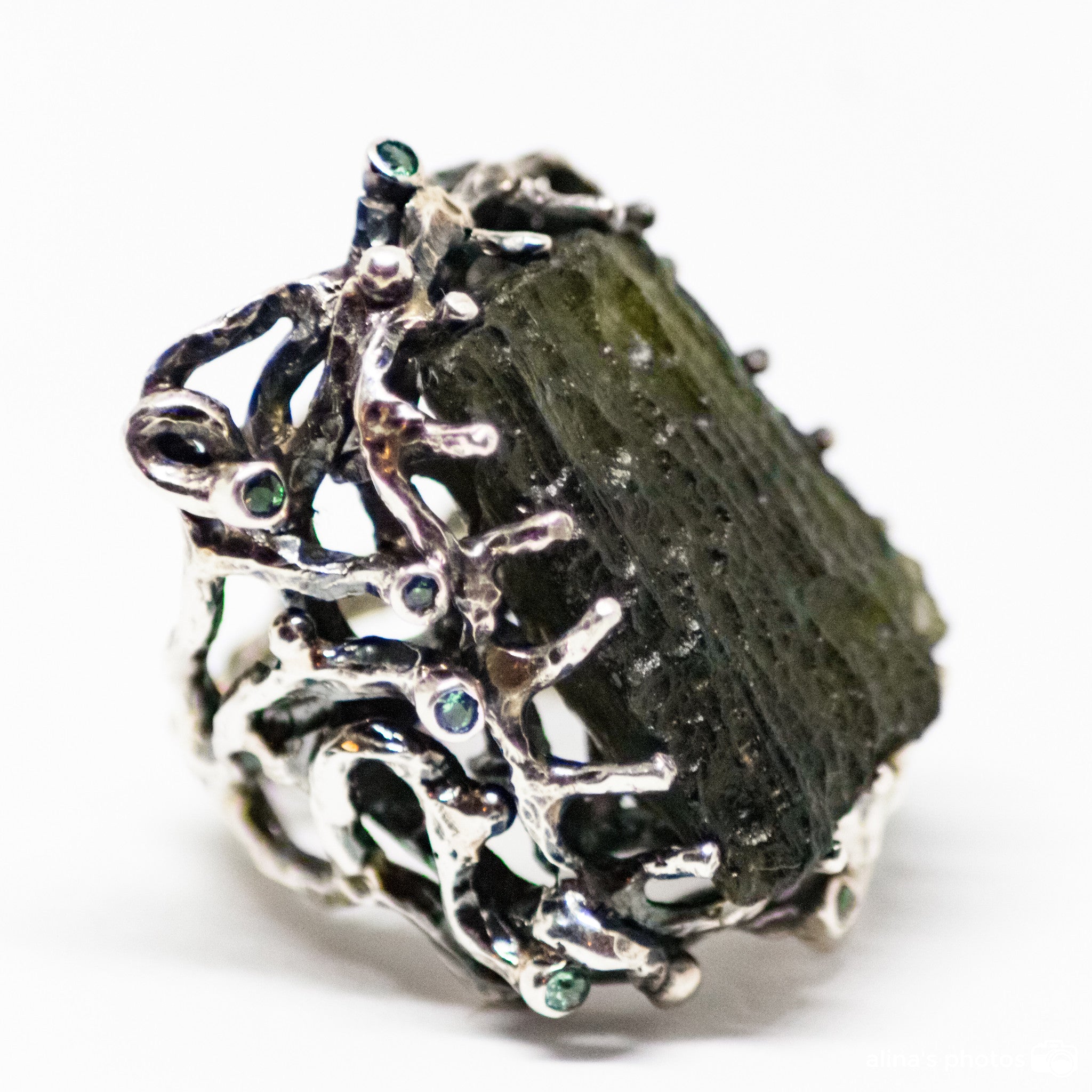 Handm Carved Moldavite Ring