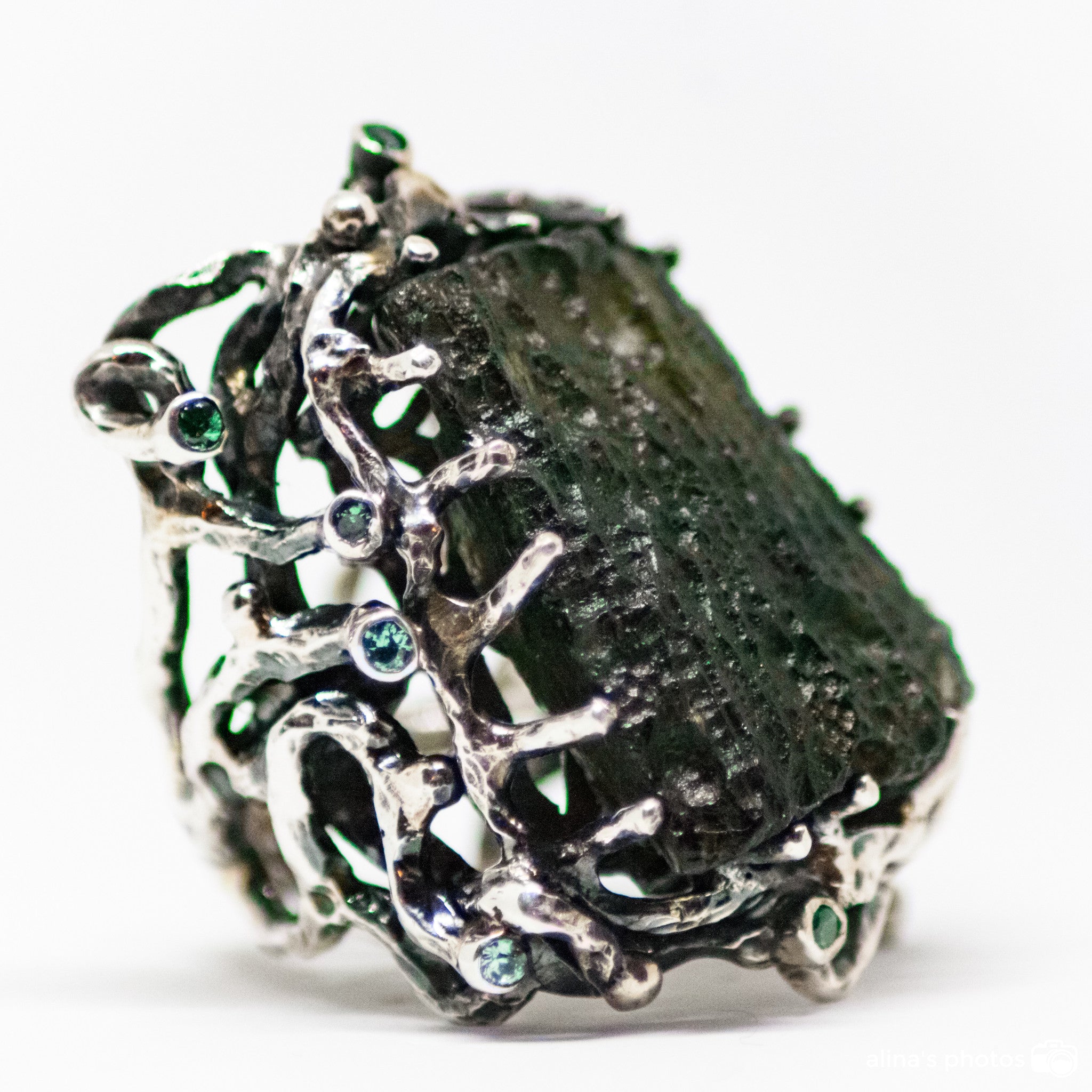 Handm Carved Moldavite Ring