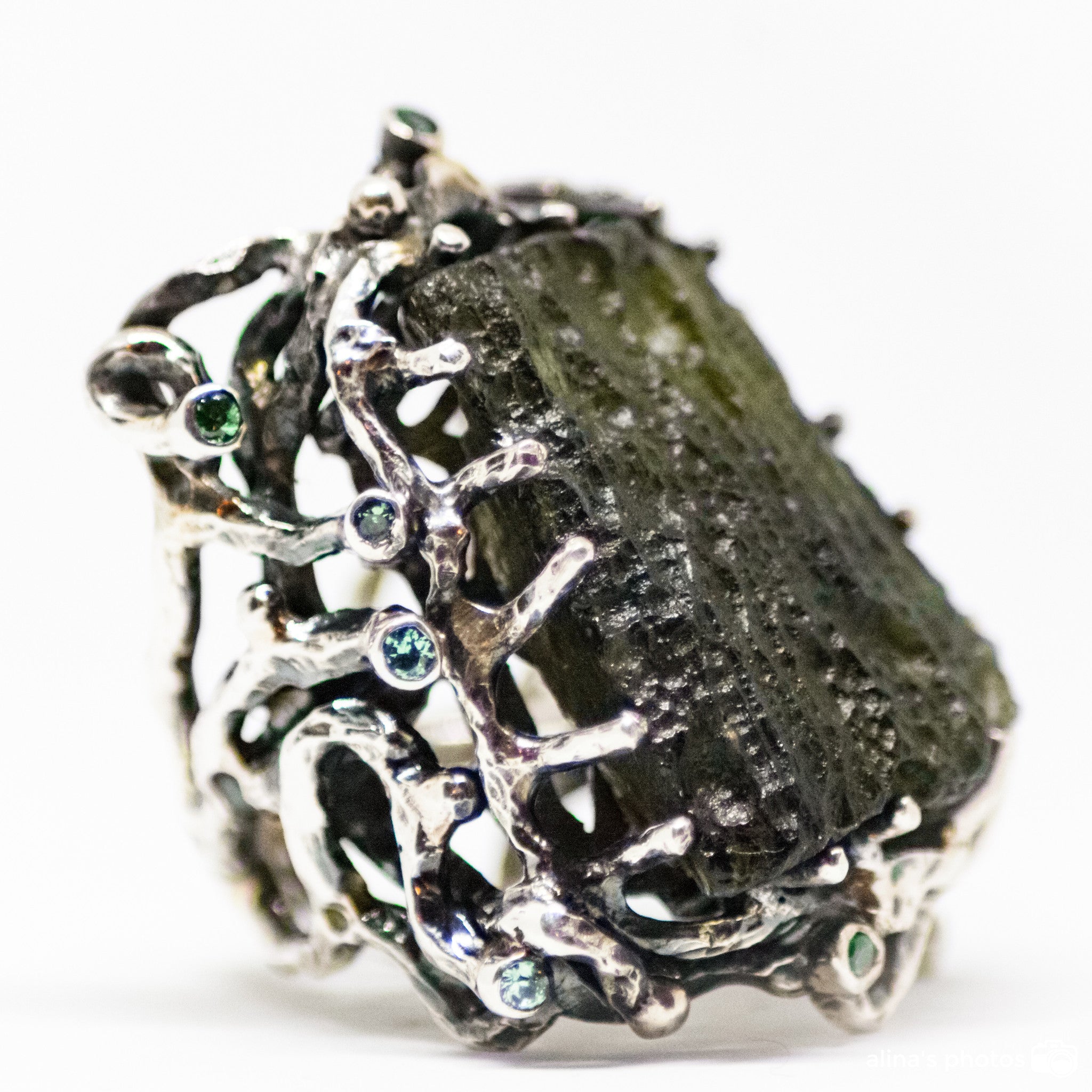 Handm Carved Moldavite Ring