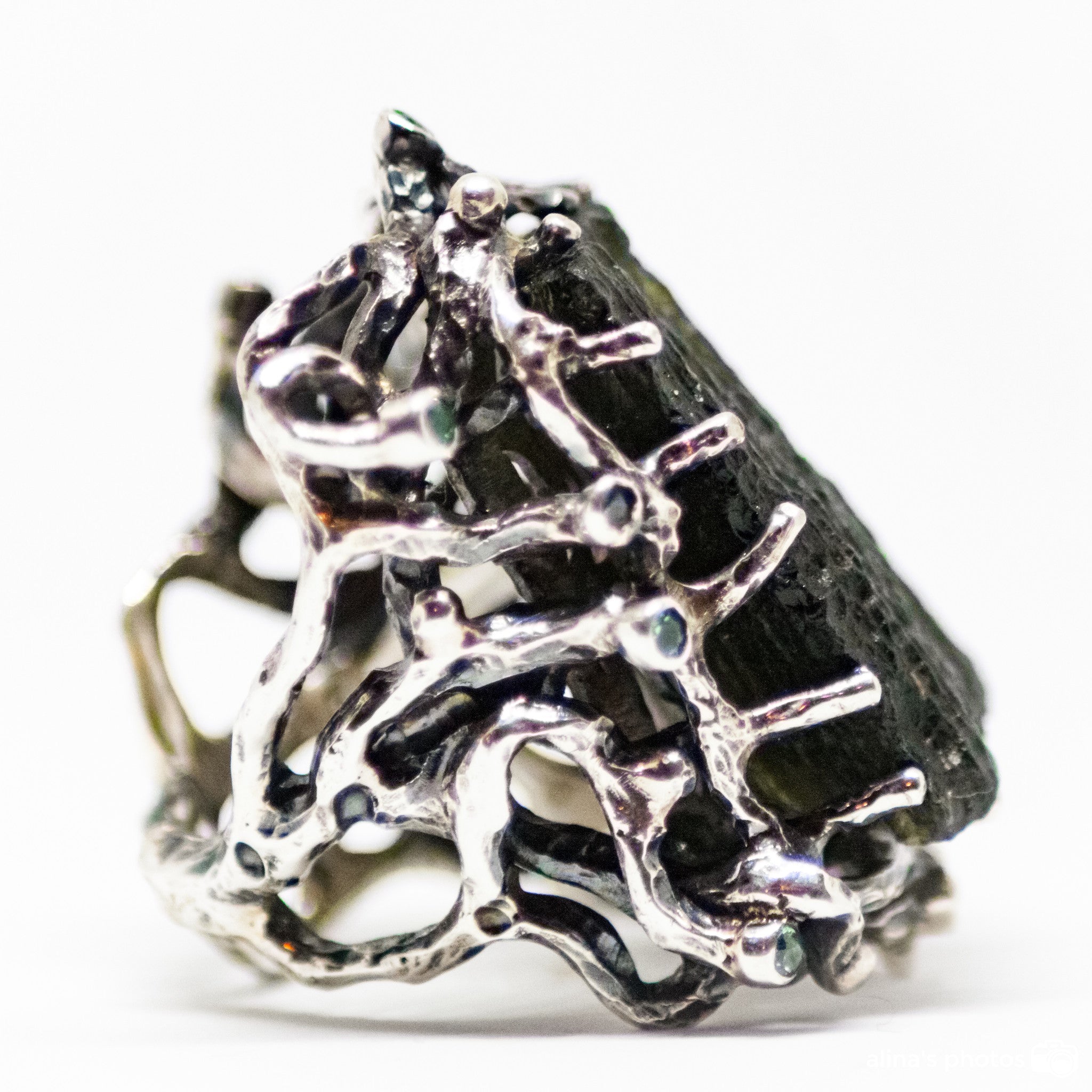 Handm Carved Moldavite Ring