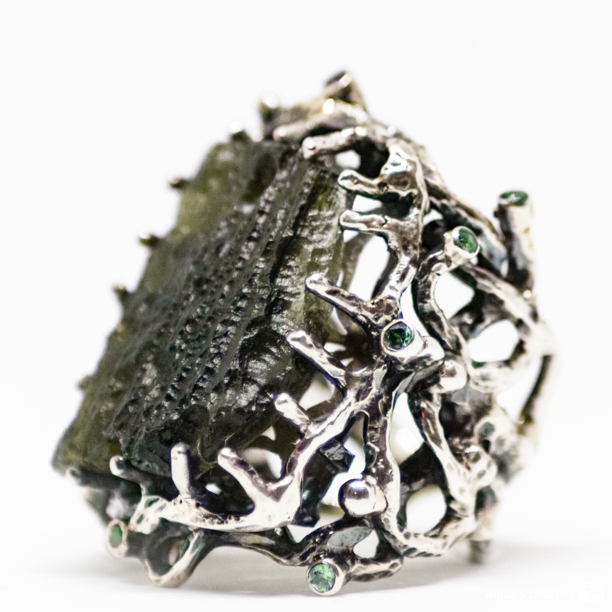 Handm Carved Moldavite Ring