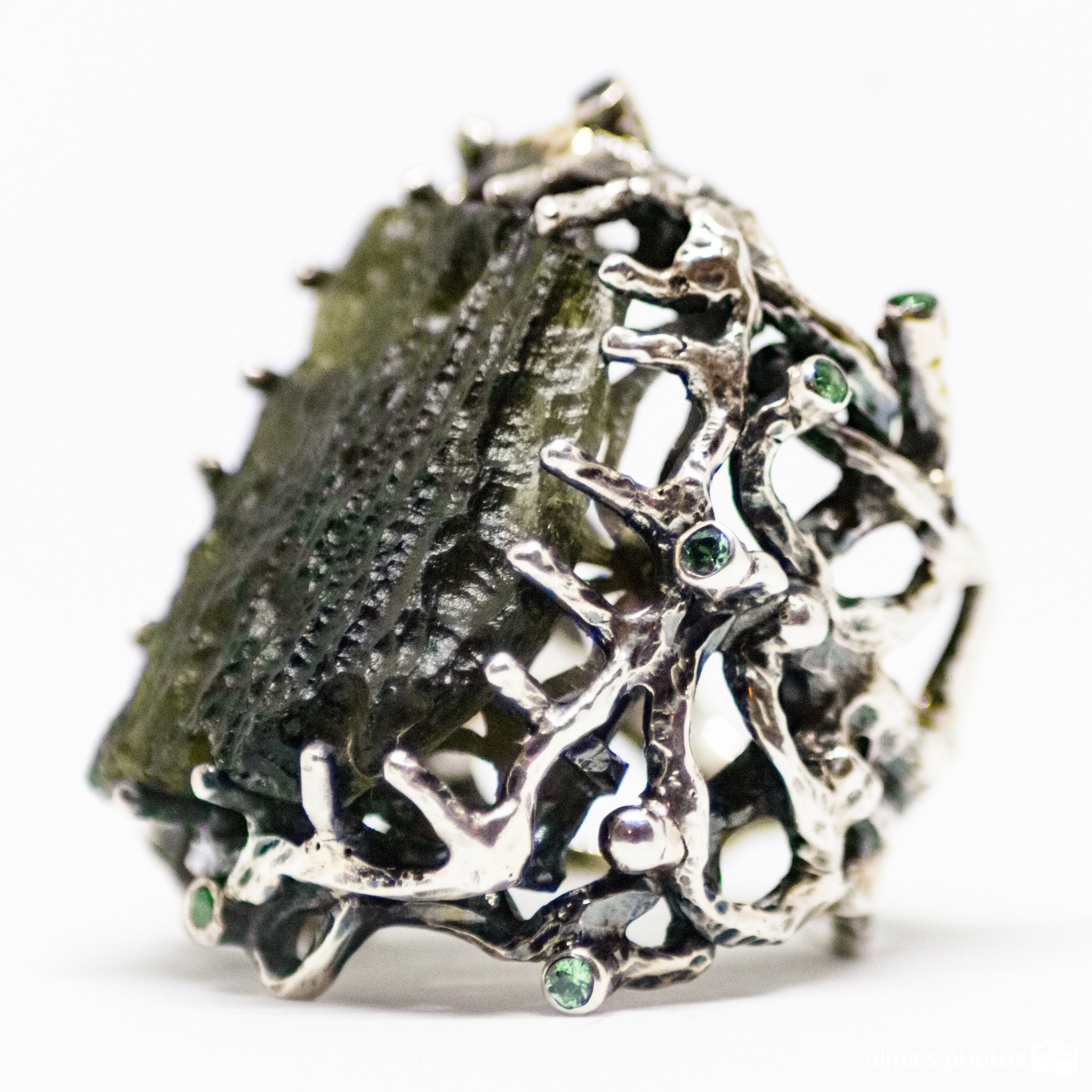 Handm Carved Moldavite Ring