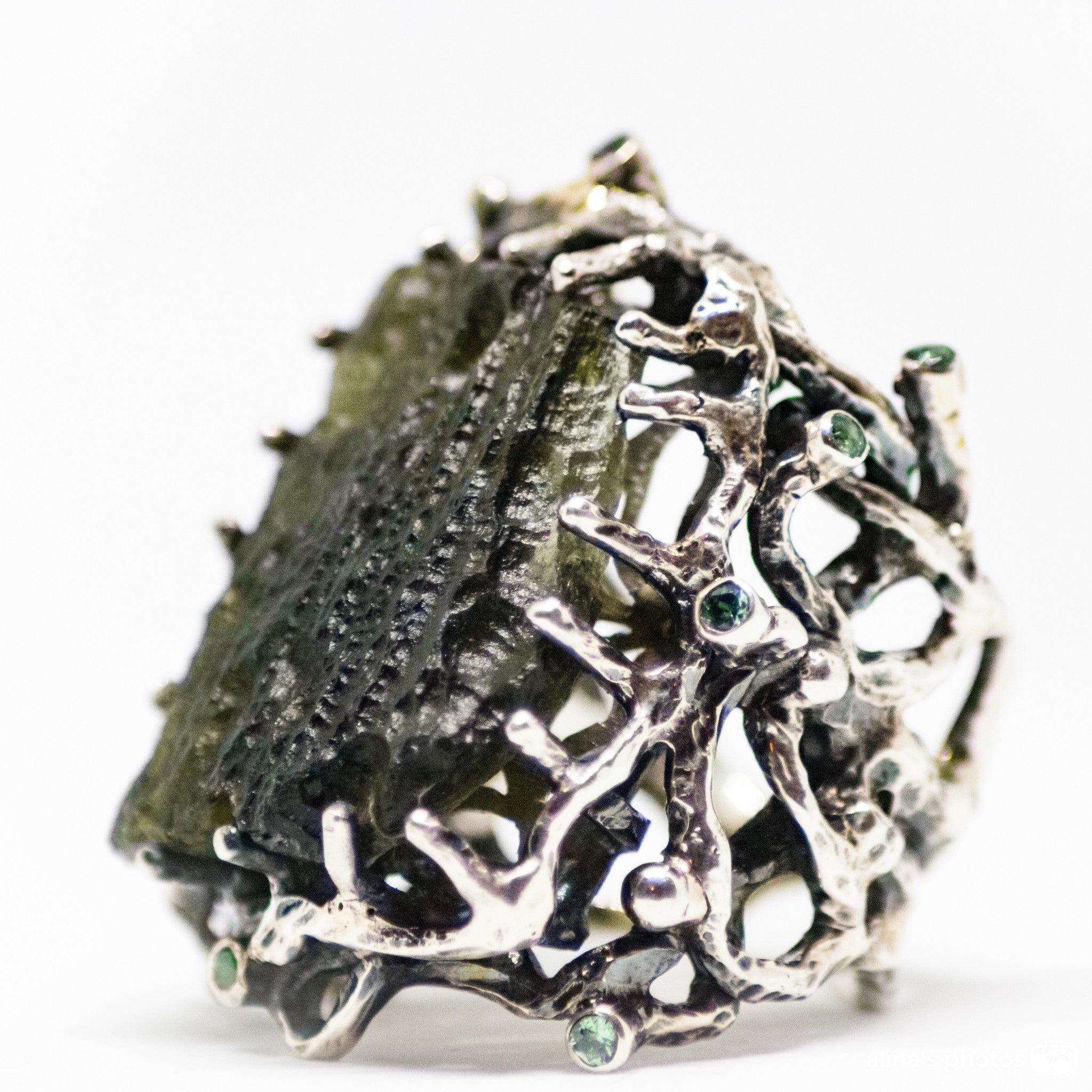 Handm Carved Moldavite Ring