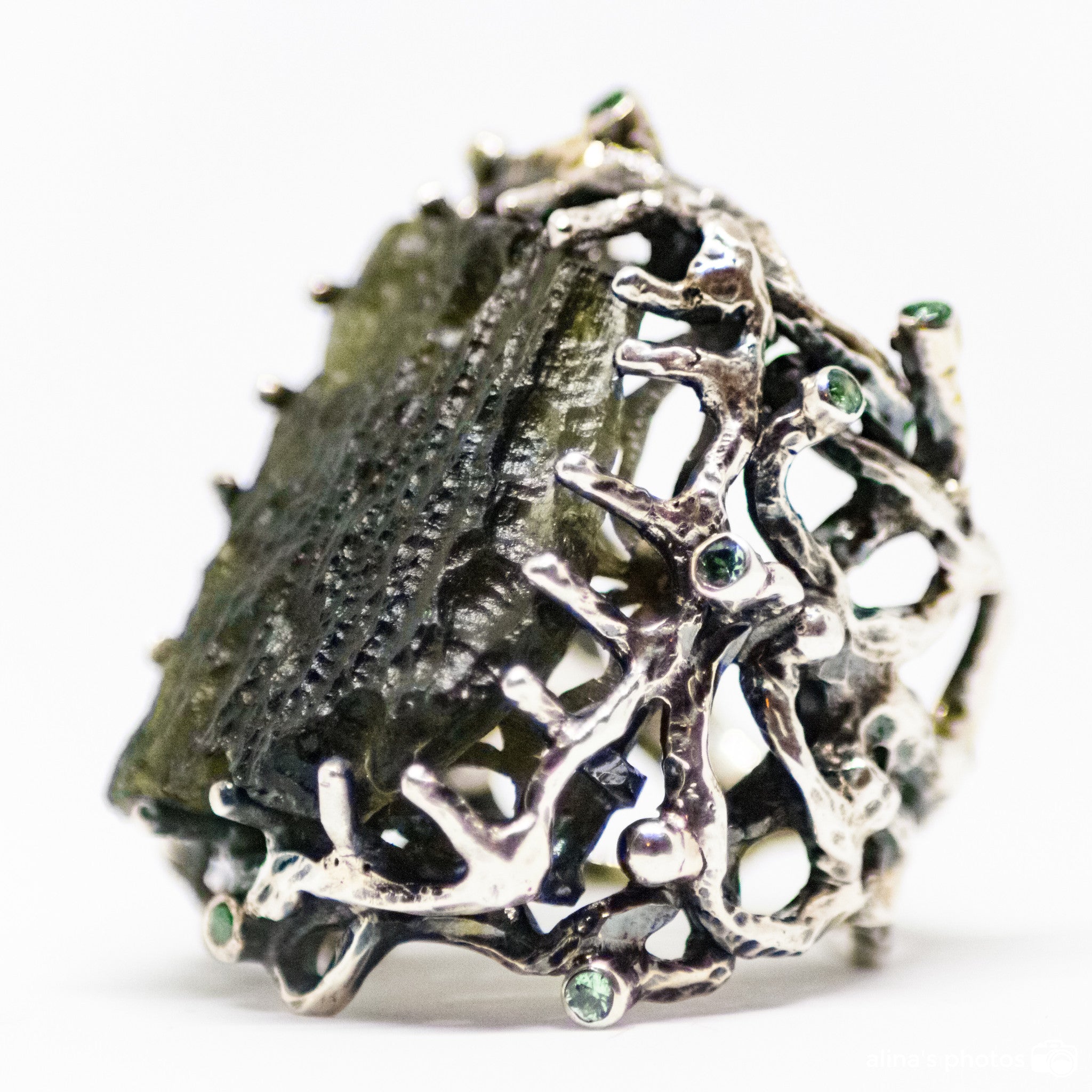 Handm Carved Moldavite Ring